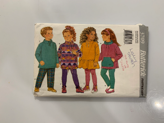 Butterick Sewing Pattern 3709 Girls'/Boys; Dress, Top, Leggings, Pants, Loose-Fitting, Pullover, Collar, Long Sleeves, Pockets, Size 2-6x, Cut, Vintage 1994