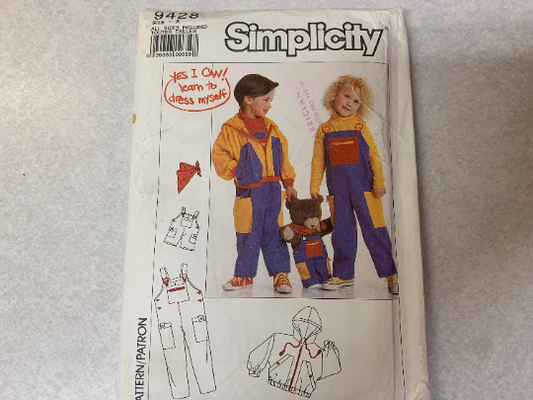 Simplicity Sewing Pattern 9428 Childrens' Overalls, Jacket, Scarf, Doll, Stuffed Animal, Pockets, Hood, Two Lengths, Size 3-6, Uncut, Vintage 1989