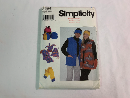 Simplicity Sewing Pattern 8394 Unisex, Hats, Toque, Mittens. Vest, Pockets, Front Button, Headband, Scarf, Backpack, Size 34-44, Uncut, Vintage 1999