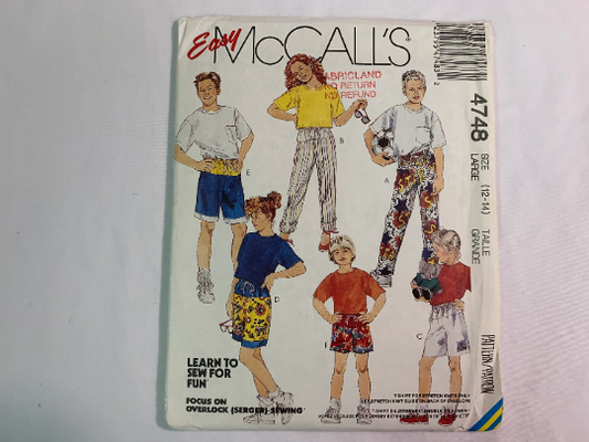 McCall's Sewing Pattern 4748 Girls'/Boys T-Shirts, Pants Two Lengths, Shorts, Pullover Pull-On, Elastic Waist, Size 12-14, Uncut, Vintage 1990