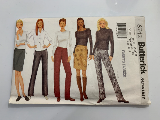 Butterick Sewing Pattern 6742 Misses'/Misses' Petite Skirt, Pants, Semi Fitted, Long Sleeves, Lined, Straight, Zipper, Contour Waist, Size 6-10, Uncut, 2000