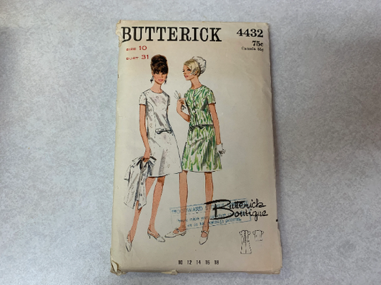 Butterick Sewing Pattern 4432 Misses' Jacket, Dress, Semi-fitted, Short Sleeves, Zipper, A-Line, Darts, Size 10, Cut, Vintage 1960