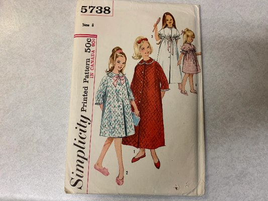 Simplicity Sewing Pattern 5738 Child's/Girls' Sleepwear, Robe, Housecoat, Pajamas, Long/Short Sleeves, Button Front, Size 8, Uncut, Vintage 1964