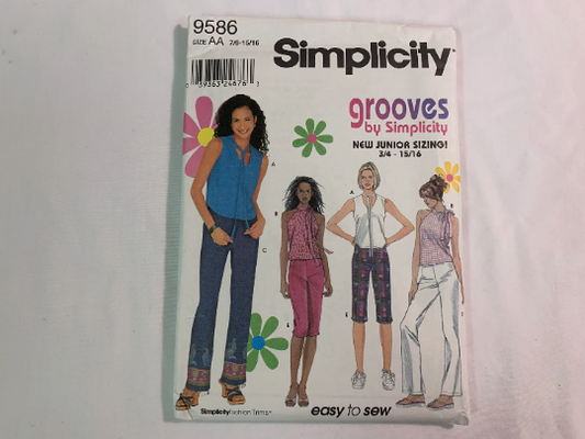 Simplicity Sewing Pattern 9586 Juniors' Pants, Tops, Two Lengths, Sleeveless, Halter, Zipper, Waistband, Neck Tie, Size 7-16, Uncut, 2001