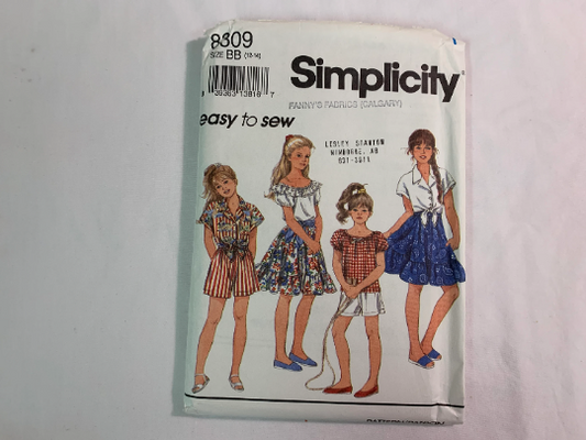 Simplicity Sewing Pattern 8309 Girls' Shorts, Skirt, Top, Shirt, Pull-On, Flared, Button Front, Pullover, Collar, Front Ties, Ruffle, Size 12-14, Uncut, Vintage 1993
