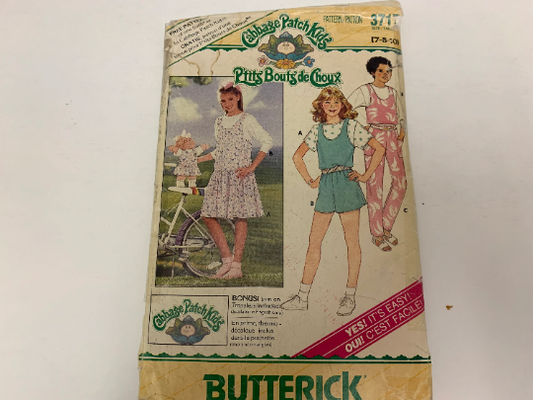 Butterick Sewing Pattern 3717 Girls' Jumper, Jumpsuit, Top, Transfer, Dirndi Skirt, Pockets, Pullover, Cabbage Patch Doll Dress Pattern, Size 7-10, Cut, Vintage 1986