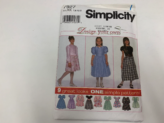 Simplicity Sewing Pattern 7927 Girls' Dress, Sleeves in Three Lengths, Two Lengths, Size 7-12, Uncut, Vintage 1997
