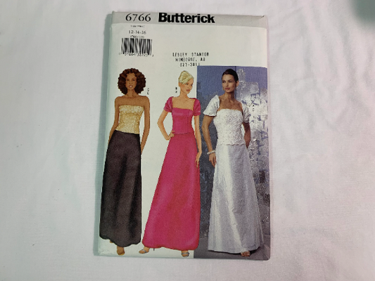 Butterick Sewing Pattern 6766 Misses' Top, Skirt, Shrug, Close-Fitting, Princess Seams, Zipper, Flared, Evening Length, Size 12-16, Uncut, 2000