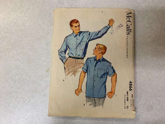 McCall's Sewing Pattern 4866 Men's Shirt, Long/Short Sleeves, Button Cuffs, Pockets, Button Front, Collar, Size 16-16 1/2, Cut, Vintage 1970