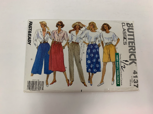 Butterick Sewing Pattern 4137 Misses' Skirt, Shorts, Culottes, Pants, Two Lengths, Flared, Pockets, Elastic Waistline, Pull-On, Size 8-14, Uncut, Vintage 1989