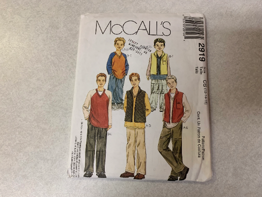 McCall's Sewing Pattern 2919 Boys Vest, Top, Pull-On Pants, Easy Fitting, Zipper, Pockets, Long Sleeves, Elastic Waist, Size 12-16, Uncut, 2000