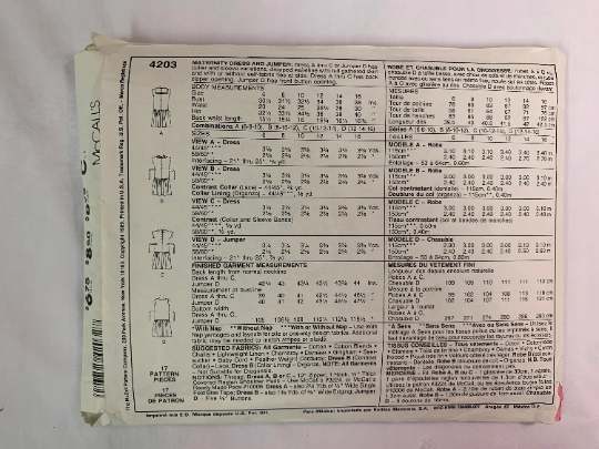 McCall's Sewing Pattern 4203, Misses' Maternity Dress, Jumper, Collar, 5 Variations, Gathered Skirt, Front Button, Size 8-12, Cut, Vintage 1989