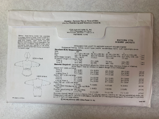 KWIK Sewing Pattern 1770 Misses' Jackets, Loose Fitting, Long Sleeves, Pockets, Collar, Cuffs, Drawstring, Hood, Cut, Vintage 1988