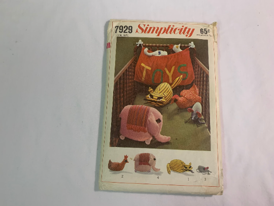 Simplicity Sewing Pattern 7929 Stuffed Toys, Animals, Toy Bag, Cat, Chicken, Mouse, Elephant, Bag, Baby, Children, Uncut, Vintage 1970