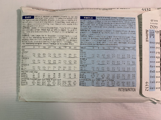 Butterick Sewing Pattern 4432 Misses' Jacket, Dress, Loose-Fitting, Lined, Shoulder Pads, Long Sleeves, Straight Skirt, Zipper, Size 6-10, Uncut, Vintage 1996