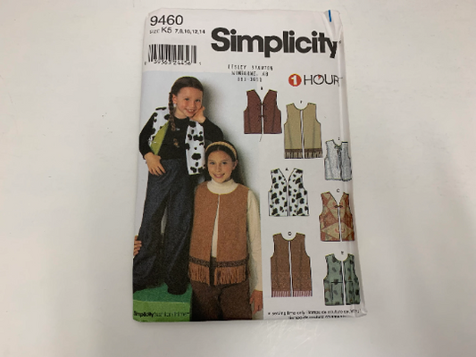 Simplicity Sewing Pattern 9460 Girls' Vest, Neckline Variations, Tie Front, 6 Variations, Pockets, Fringe, Size 7-14, Uncut, 2000