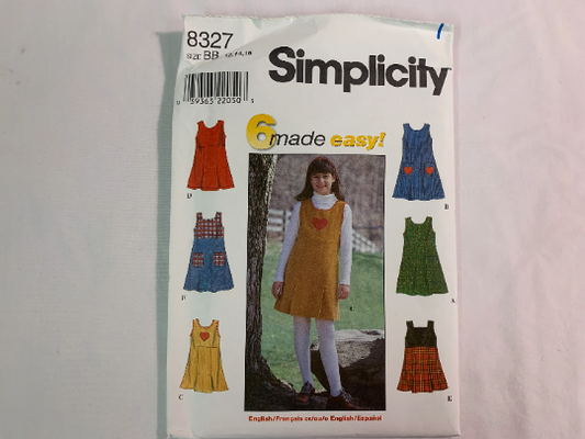 Simplicity Sewing Pattern 8327 Girls' Dresses, Jumper, Sleeveless, Pockets, Two Lengths, Zipper, Neckline Variations, Size 12-16, Uncut, Vintage 1998