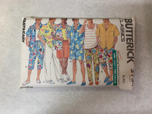 Butterick Sewing Pattern 3734 Men's Shirt, Shorts, Pants, Tank Top, Loose-Fitting, Pocket, Short Sleeves, Button/Snap Front, Size 42-44, Cut, Vintage 1989