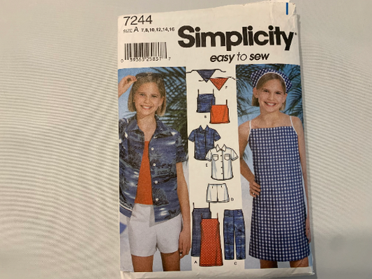 Simplicity Sewing Pattern 7244 Girls' Dress. Jumpsuit, Jumpers and Top, Pants, Pullover, Short Sleeves, Scarf, Shorts, Pocket, Size 7-10, Cut, 2002