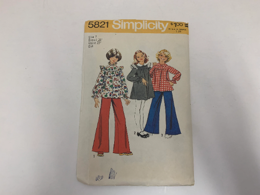 Simplicity Sewing Pattern 5821 Girls' Dress, Tunic, Wide Leg Pants, Back Zipper, Long Sleeves, Elastic Wrists/Waist, Size 7, Cut, Vintage 1973