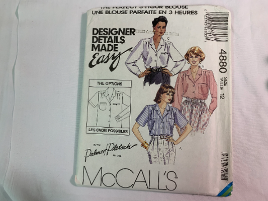 McCall's Sewing Pattern 4880 Misses' Blouse, Long Sleeves, Pocket, Shirts, Button, Pleats, Size 12, Uncut, Vintage 1990