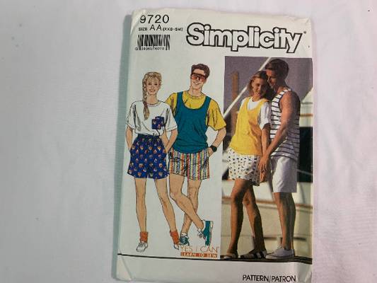 Simplicity Sewing Pattern 9720 Misses'/Men's/Teens' Shorts, Tops, Pull-On, Elastic Waist, Sleeveless, Short Sleeves, Pockets, T-Shirt, Size 28-36, Uncut, Vintage 1990