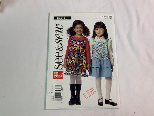 Butterick Sewing Pattern B6075 Girls' Jumper, Lined, Pullover, Shoulder Straps, Ruffle, Pockets, Ruffles, 2 Variations, Size 2-8, Uncut, 2014
