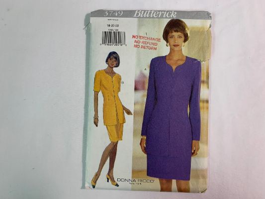 Butterick Sewing Pattern 3749 Misses' Dress, Skirt, Top, Loose-Fitting, Shoulder Pads, Size 18-22, Cut, Vintage 1994