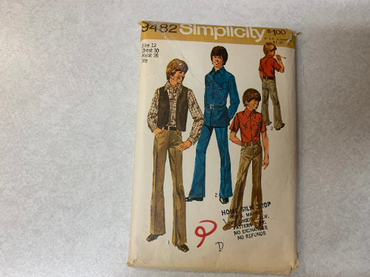 Simplicity Sewing Pattern 9482 Boys' Shirt, Vest, Pants, Long/Short Sleeves, Fly Front, Zipper, Pockets, Button Front, Size 12, Cut, Vintage 1971
