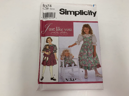 Simplicity Sewing Pattern 8374 Girls' Dress, Jumper, Blouse, Doll Dress 18", Zipper, Short Sleeves, Flared Skirt, Tie Back, Size 5-8, Uncut, Vintage 1998