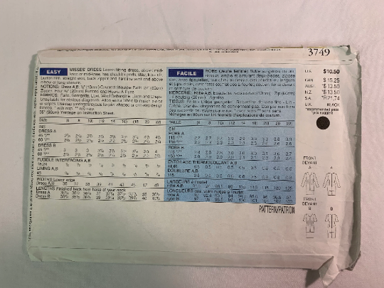 Butterick Sewing Pattern 3749 Misses' Dress, Skirt, Top, Loose-Fitting, Shoulder Pads, Size 18-22, Cut, Vintage 1994