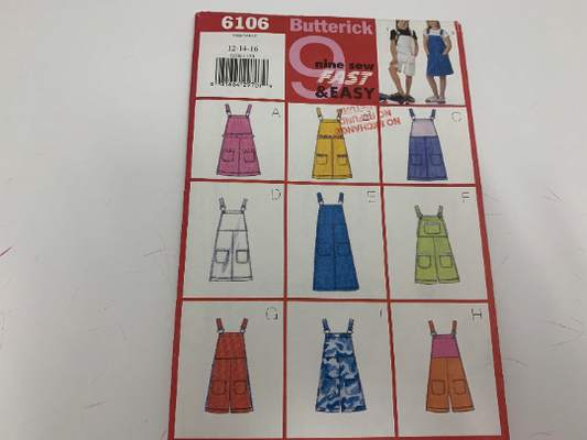 Butterick Sewing Pattern 6106 Girls' Jumper, Overalls, Loose-Fitting, Pullover, Two Lengths, Pockets, Trims, Straps, Size 12-16, Uncut, Vintage 1999
