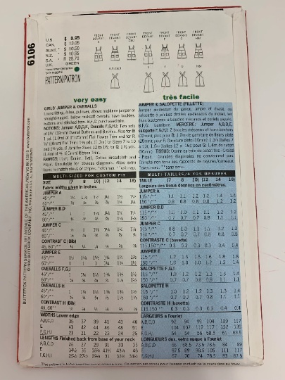 Butterick Sewing Pattern 6106 Girls' Jumper, Overalls, Loose-Fitting, Pullover, Two Lengths, Pockets, Trims, Straps, Size 12-16, Uncut, Vintage 1999