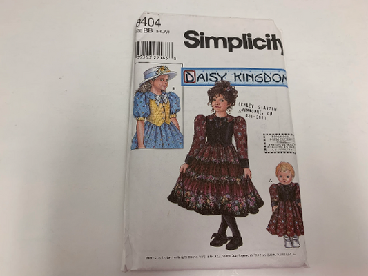 Simplicity Sewing Pattern 8404 Girls' Dress, Doll Dress 18", Button Back, Tie, Long/Short Sleeves, Peter Pan Collar, Flared, Size 5-8, Uncut, Vintage 1998