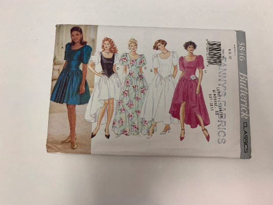 Butterick Sewing Pattern 3846 Misses'/Misses' Petite Dress, Close-Fitting, Dropped Waist, Flared Skirt, Zipper, 5 Variations, Size 6-10, Uncut, Vintage 1995