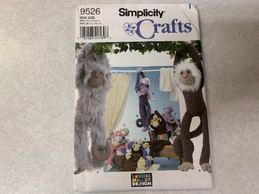 Simplicity Sewing Pattern 9526 Monkeys, Two Sizes, Stuffed, Glasses, Shorts, Face, Ears, Hands, Feet, Ears, Tail, Pants, Uncut, 2000