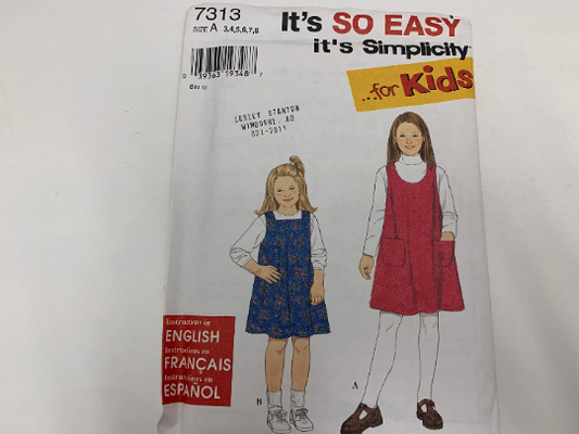 Simplicity Sewing Pattern 7313 Girls' Dresses, Jumper, Sleeveless, Pockets, 2 Variations, Pullover, Shoulder Straps, Size 3-8, Uncut, Vintage 1996
