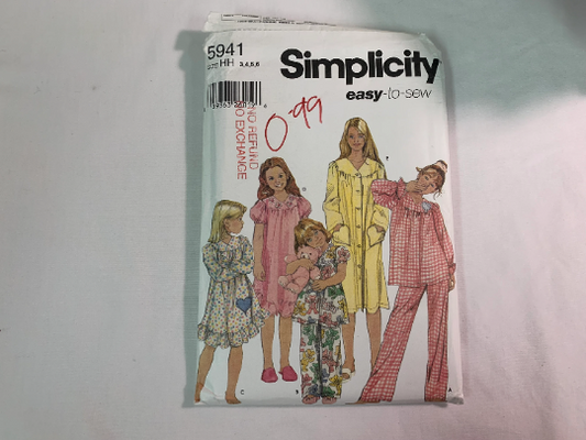 Simplicity Sewing Pattern 5941 Girls' Pajamas, Nightgown, Robe, Two Lengths, Long/Short Sleeves, Elastic Waist, Size 3-6. Uncut, 2002