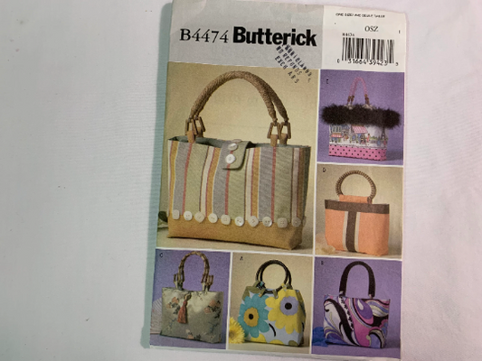 Butterick Sewing Pattern B4474 Crafts, Handbags, Totes, Purses, Handles, Lined, 6 Variations, Shoulder, Accessories, Uncut, 2005