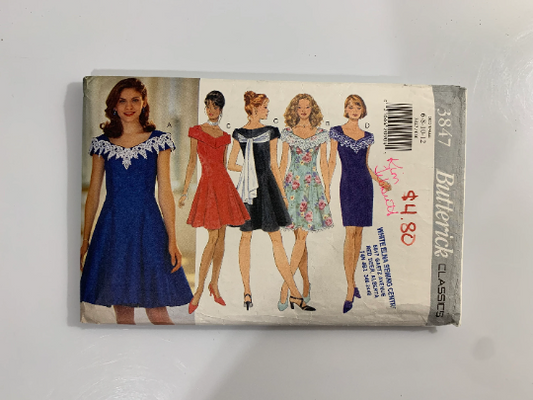 Butterick Sewing Pattern 3847 Misses'/Misses' Petite Dress, Close-Fitting, Zipper, Collar, Short Sleeves, Flared Skirt, Ruffle, Slit, Lined, Size 6-12, Cut, Vintage 1995