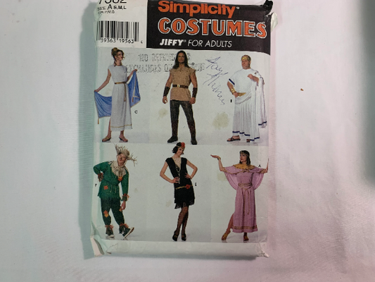 Simplicity Jiffy Sewing Pattern 7382 Six Adult Costume, Halloween, Egyptian, Scarecrow, 1920's Flapper, Warrior, Roman Empire, Size 34-44, Uncut, Vintage 1996