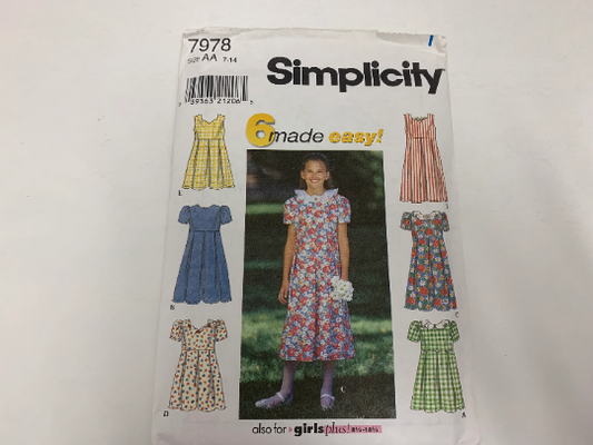 Simplicity Sewing Pattern 7978 Girls' Dress, Short Puff Sleeves, Sleeveless, Zipper, 6 Variations, Sweetheart Neckline, Size 7-14, Uncut, Vintage 1997