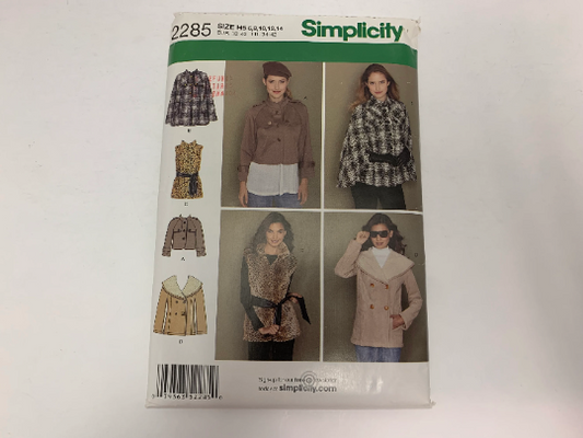 Simplicity Sewing Pattern 2285, Misses, Cape, Jackets, Vest, Tie Belt, Button Front, Arm Holes, 3 Lengths, Pockets, Size 6-14, Long Sleeves, Uncut, 2010