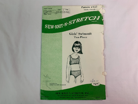 Sew-Knit-N-Stretch Sewing Pattern 157, Girls' Swimsuit, Bikini, Bathing Suit, Two Piece, Size 8-12, Cut, Vintage 1968