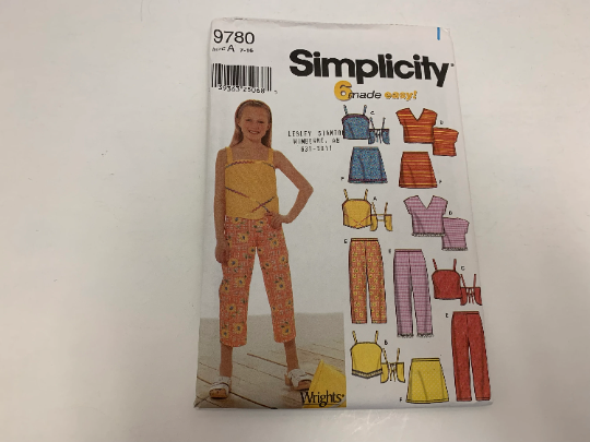 Simplicity Sewing Pattern 9780 Girls' Tops, Capri Pants, Skirt, Shoulder Straps, Halter, Sleeveless, Tie Back, Frills, Size 7-16, Uncut, 2001