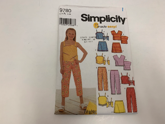 Simplicity Sewing Pattern 9780 Girls' Tops, Capri Pants, Skirt, Shoulder Straps, Halter, Sleeveless, Tie Back, Frills, Size 7-16, Uncut, 2001