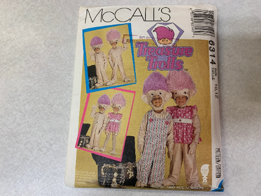 McCall's Sewing Pattern 6314 Children/Girls'/Boys' Troll Costume, Halloween, Jumpsuit, Head, Hands, Feet, Size 10-12, Uncut, Vintage 1992