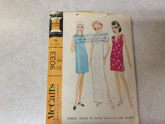 McCall's Sewing Pattern 9033 Misses' Dress, Three Lengths, Shorts, Sleeveless, French Darts, Zipper, Fitted, Lined, Slits, Size 10, Cut, Vintage 1967