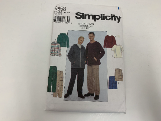 Simplicity Sewing Pattern 8858 Misses'/Men's/ Teens' Pants, Shorts, Knit Jacket, Top, Front Zipper, Hood, Long/Short Sleeves, Size 30-48, Uncut, Vintage 1999