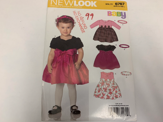 Simplicity New Look Sewing Pattern 6767 Baby/Infant Dresses, Sleeveless, Sash, Headband, Zipper, Long/Short Sleeves, Size 7-24 Pounds, Uncut, 2007